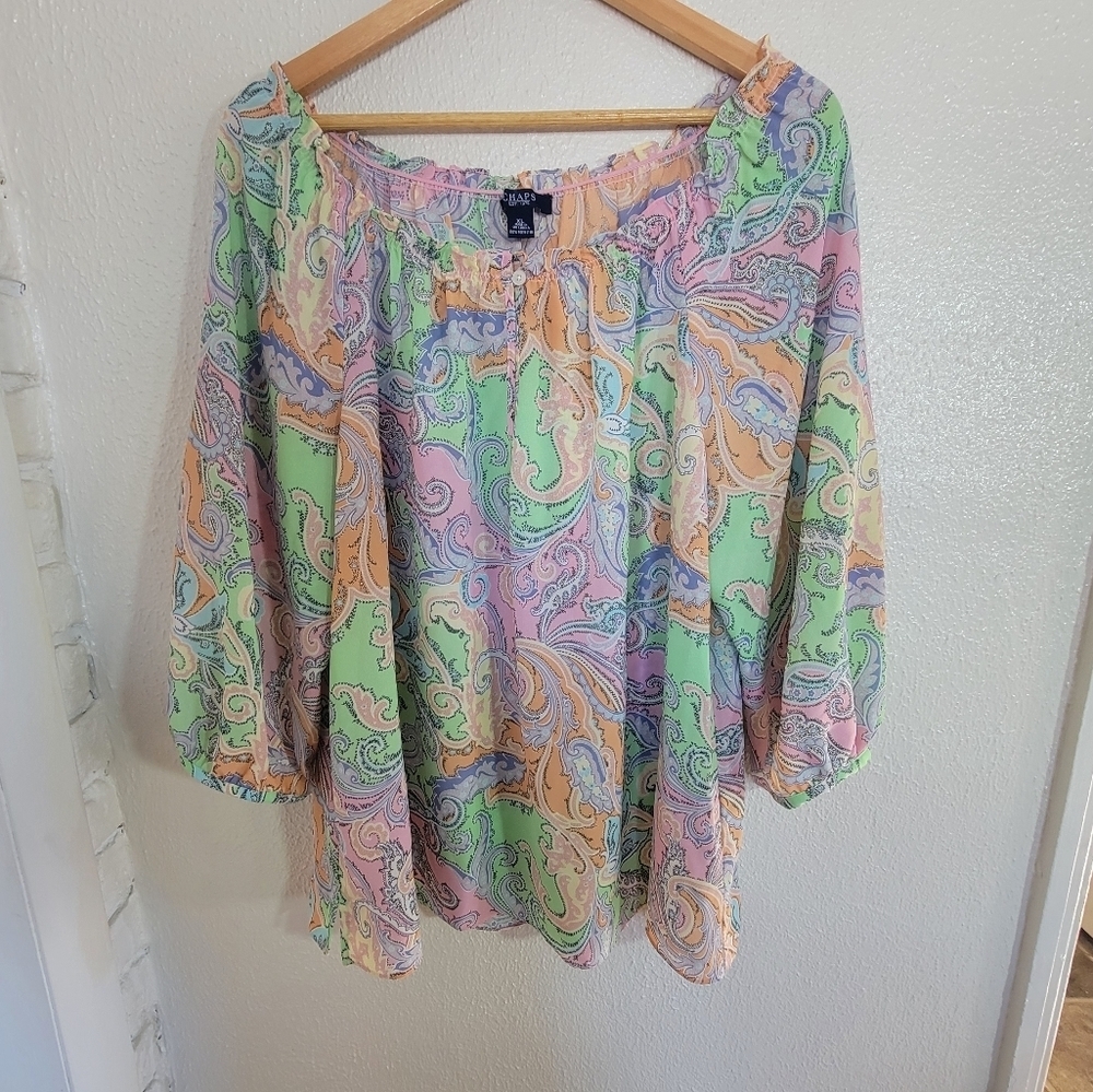 Ralph Lauren Chaps Pastel Paisley Keyhole Neck Peasant Blouse sz XL Pink Multi